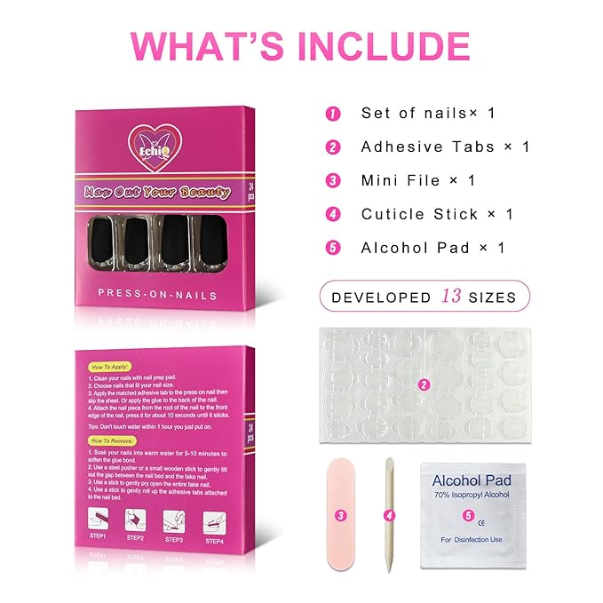 Matte Square Fake Nails Medium Long Size French Moo Nail Silver Metallic ABS Fingernails 24 count