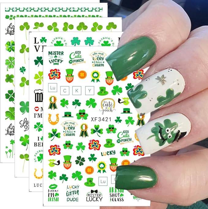 10 Sheets St. Patrick's Day Nail Art Stickers 3D Self-Adhesive Shamrock Nail Decals Green Clover Gold Hat Letter Designs Irish Nail Stickers St. Patrick's Day Nails Decor for Women Manicure Supplies