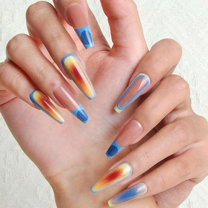 24pcs Colorful Sunset Long Square Press On Nails, Reusable Nail Kit with Nail Adhesive Tabs Mini Nail File, 12 Sizes (Sunset)