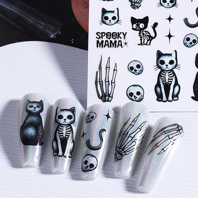 Halloween Skeleton Cat Nail Stickers, Black Cat Self-Adhesive 3D Nail Art Decals for DIY Magic Ball Manicure (5 Sheets)