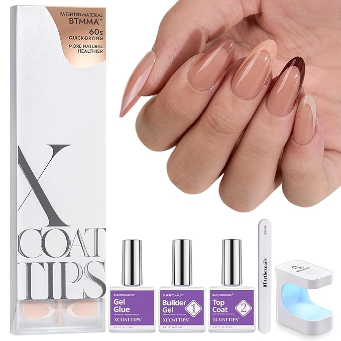BTArtboxnails XCOATTIPS Press on Nails Almond - Skin Tones French Tip Nails, Medium Soft Gel Nail Tips with Nail Gel, French Protecting Duo, Nail Lamp, All in One Fake Nail Extension Kit
