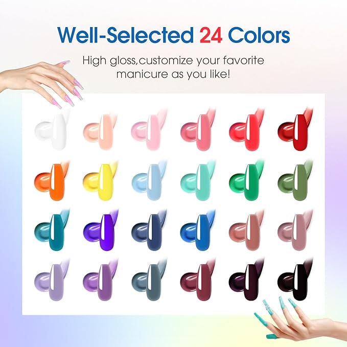 ROSALIND Poly Nail Gel Kit -24 Colors with Accessories Neon Poly Nails Gel Starter Kit with Slip Solution Mini UV Lamp Base Top Coat, Christmas All Seasons Classic Colors Poly Extension Gels Nails Kit