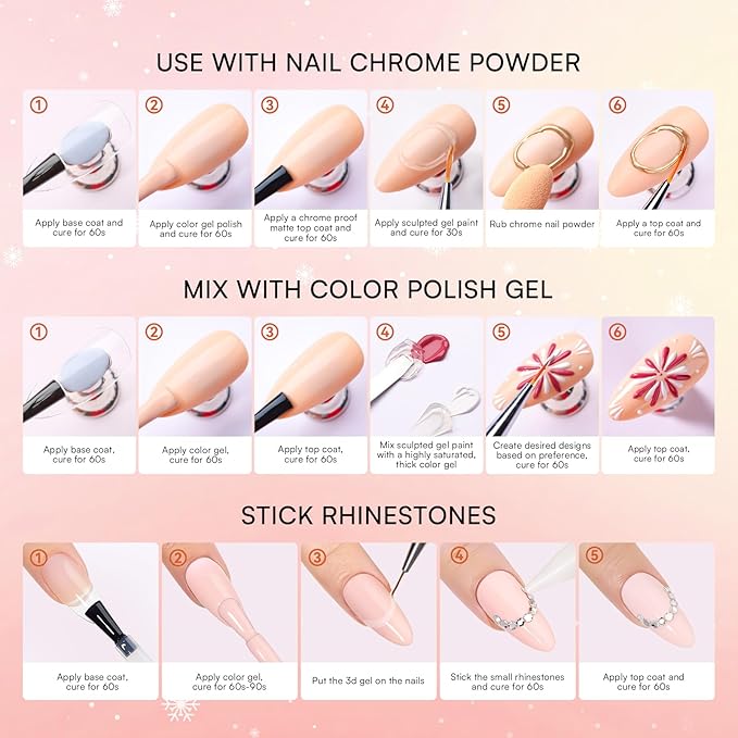 Makartt 3D Gel Nail Art & Chrome Nail Powder Kit: Clear 3D Sculpting Gels for Chrome Powder, 3D Painting No Wipe for Gel Polish, 3D Gels with Gold Silve Nails Chromes for Nails Art Home & Salon DIY