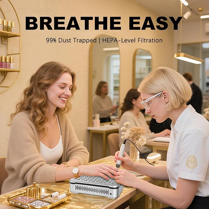 Nail Dust Collector | 1000PA Nail Dust Collector Cordless | 10 Speed Levels | Low Noise & Strong Suction | Reusable Filter, 10 Pads + Nail Dust Brush | for Acrylic Nails, Salon & Home - Silver