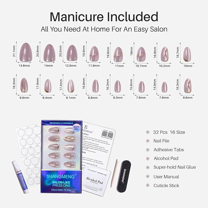 Nude Cat Eye Press on Nails Short - SHANGMENG 3D Gold Sculpting Almond Press on Nails for Women, Opaque Soft Gel Glue On Nails in 16 Sizes - 32 Fake Nails Kit with Glue, Gilded Glyphs