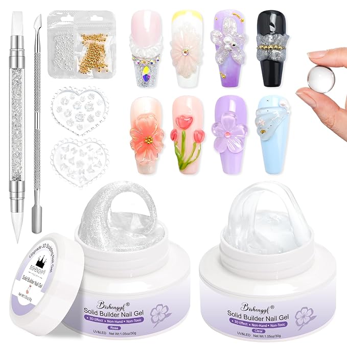 3D Gel Nail Art - Non-Sticky Sculpting Gel for Nails Clear Silver Aurora Solid Builder Nail Hand Carving U V/LED Extension Gels with 3D Mold Art Home DIY