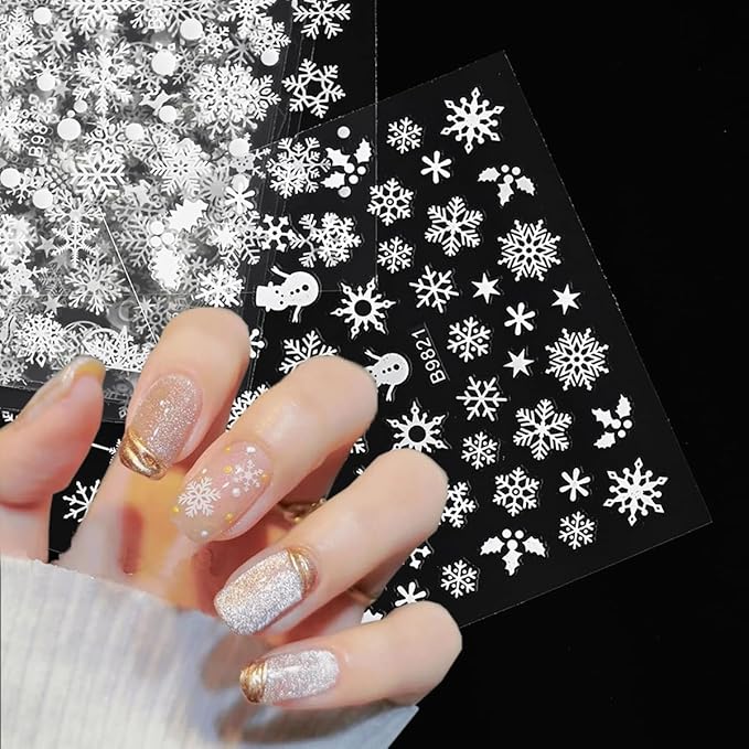 30 Sheets White Snowflake Nail Stickers Christmas Nail Art Stickers 3D Snowmen Xmas Bell Elk Design Stickers Winter Nail Decals Santa Claus Christmas Nail Supplies for Women DIY Manicure Decor Tips