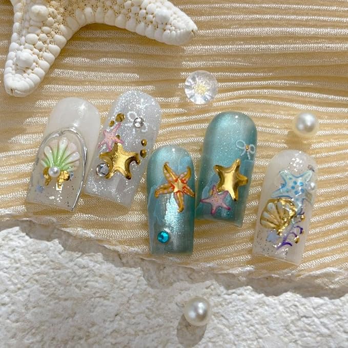 Gold Star Nail Stickers Golden Starfish Nail Supplies 5D Embossed Pearl Shell Nails Designs 3D Self-Adhesive Rhinestone Bow Nail Decals Ocean Nail Art Decoration for Women Girls DIY Manicure 1 Sheet