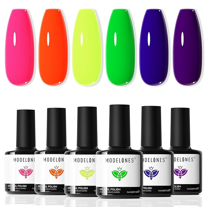 modelones Neon Gel Nail Polish Set -6 Colors Summer LGBT Hot Pink Blue Purple Green Yellow Gel Polish Set Soak Off Nail Kit Manicure DIY Nail Art Salon Home Gift