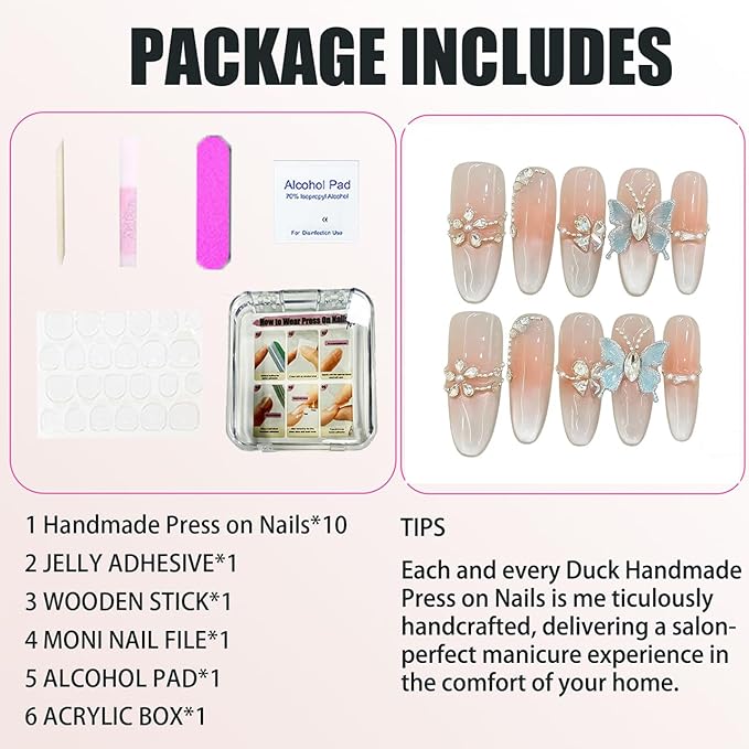 Handmade Press on Nails Stiletto Elegant Almond Shaped Nails in Pink and White Embellished with Rhinestone Butterflies Handmade Stiletto Press on Nails 3D Luxury Press on Nails（L）