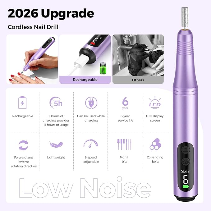 Electric Nail Drill Kit, Electric Nail File Cordless Nail Drill Machine for Acrylic Gel Dip Powder Nails, Professional Portable Manicure Pedicure Rechargeable Lightweight for Home Salon Use
