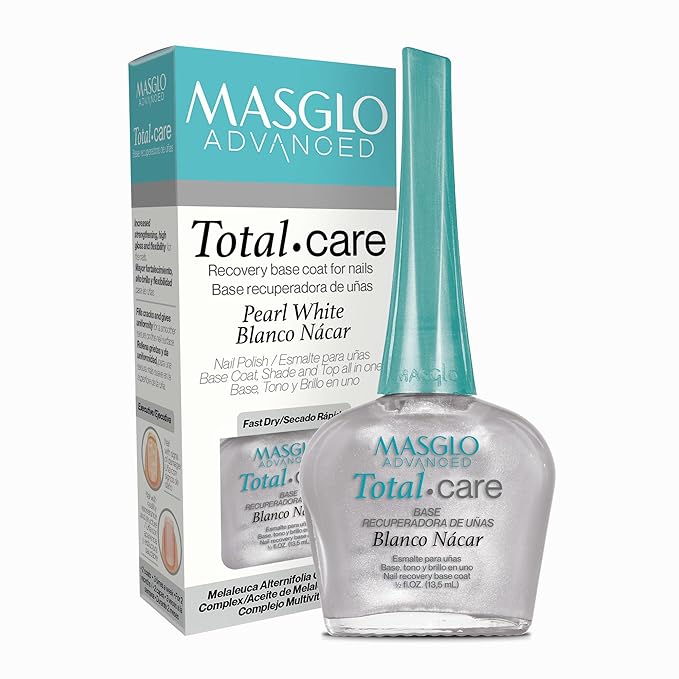 MASGLO Advanced Total Care Nail Strengthener – Post Gel Damage Recovery Treatment, 13-Free Vegan Fast-Dry Thickening Repair with Tea Tree Oil & Vitamins, Base Coat, Nacre White Tone & Shine (3in1)