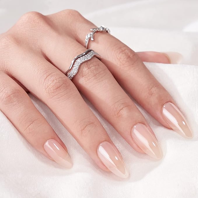 BTArtbox Press On Nails Medium Almond - Press on Nails Chrome Nails, Light Weight & Fit Perfectly Fake Nail with Nail Glue, Nude Glue On Nails in 16 Sizes, Glazed Donut