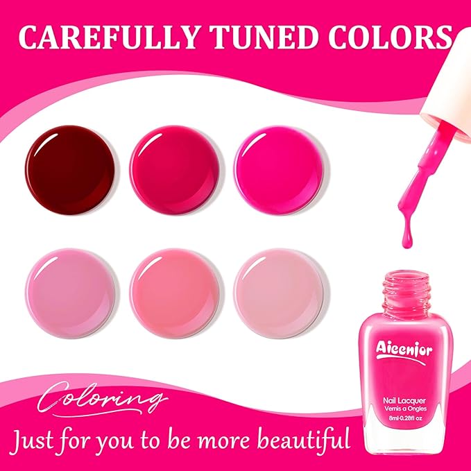 Pink Nail Polish Set, 6 Colors Quick Dry Fingernail Polish, Spring Rose Peach Magenta Tone, Classic Bright Pink, No UV Light Needed, Long Lasting for Nail Art Design at Home DIY