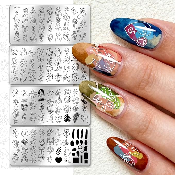 PH PandaHall 4pcs Abstract Face Nails Stamping Plate Flower Leaves Nail Design Stamper Female Figures Nail Art Template Geometric Patterns Nails Image Plates for Women DIY Manicure Salon Printing