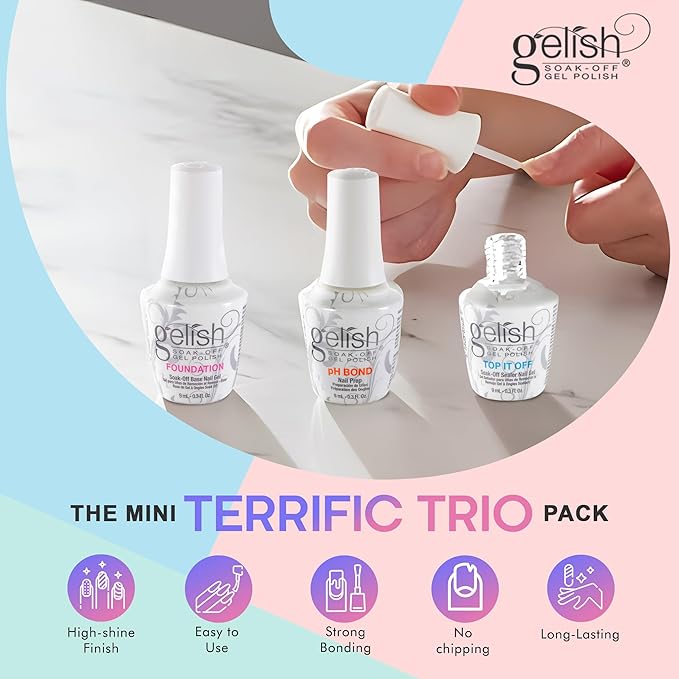 Gelish Mini Terrific Trio Collection 9 mL Soak Off Gel Nail Polish Kit with pH Bond, Foundation Base, and Top It Off