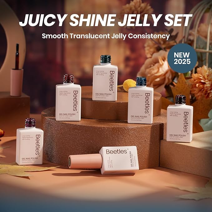 Beetles Midnight Syrup Jelly Gel Nail Polish Set - 6 Colors Jelly Gel Polish Kit Mocha Brown Burgundy Red Purple Green Blue Sheer Translucent Effect Soak Off UV Nail Art Manicure Gift for Women