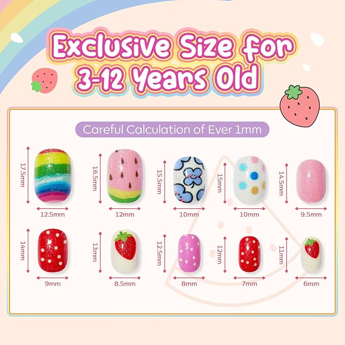 Modelones Press on Nails for Kids 144Pcs 6 Pack Children Acrylic Fake Nails Pre-glue Full Cover Glitter Gradient Color Ice-Cream Fruit Short False Nail Art Kits Sets Christmas Gifts for Kids Girls