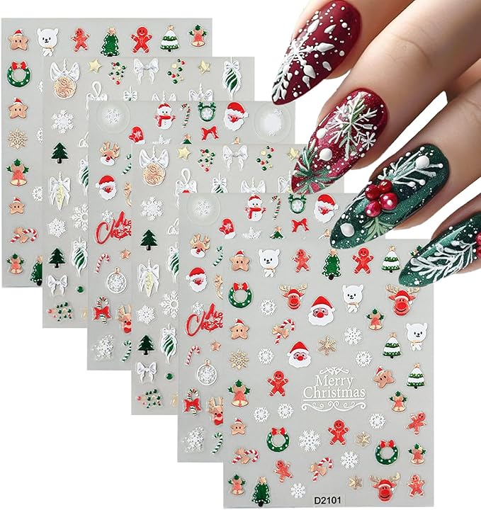 Christmas Nail Stickers for Nail Art Snowflowers Christmas Tree Reindeer Nail Art Stickers 5D Embossed Winter Nail Decals 3D Self-Adhesive Nails Supply Manicure Sliders for Nails Decoration 6 Sheets