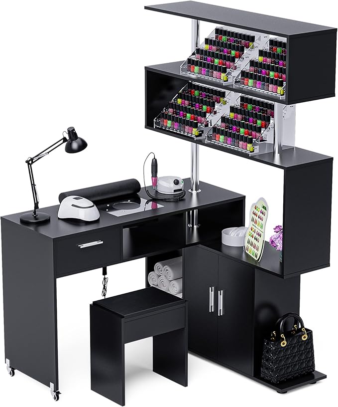 Manicure Table Nail Desk with Stool, Rotating L-Shaped Nail Tech Desk with Dust Collector, Two-Way Drawer, Cabinet & Storage Shelves, Reversible Manicure Workstation on Wheels (Black)