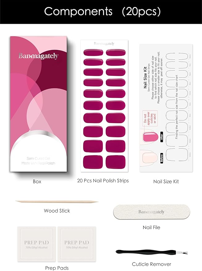 Semi Cured Gel Nail Strips, 20Pcs Long Lasting Salon Quality Wraps, Easy Apply & Remove Gel Nail Stickers with UV Light (Claret Purple)