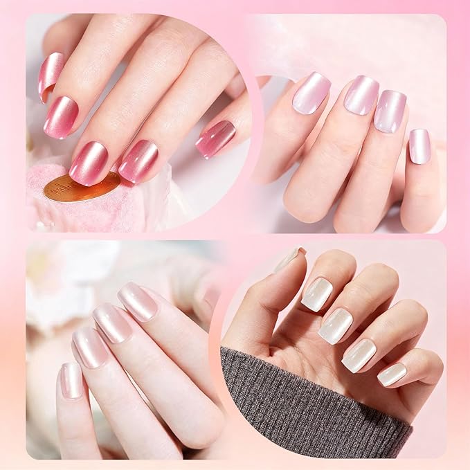 Allstarry Cat Eye Press on Nails, 15 Full Sizes Range Pink Rude Cat Eye Nails Press Ons 4 Colors Cateye Presson Nail for Women 120pcs Glossy Short Square Fake Nail Tips Stick DIY Salon