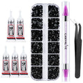 Canvalite 1500PCS Black Rhinestones Flat Back Gems, Nail Rhinestones Nail Art Gems with Pick Up Tweezers and Rhinestone Picker Dotting Pen, Nail Art Tools for Nails, Clothes, Face, Craft