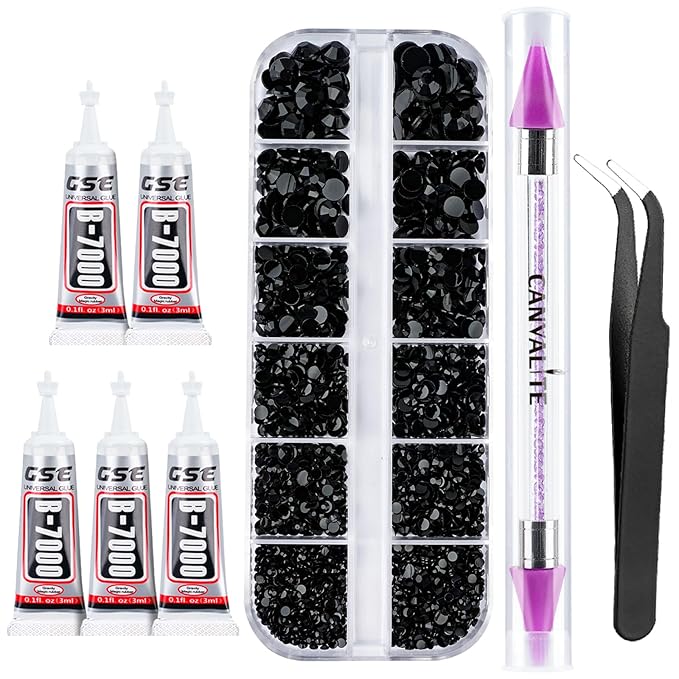 Canvalite 1500PCS Black Rhinestones Flat Back Gems, Nail Rhinestones Nail Art Gems with Pick Up Tweezers and Rhinestone Picker Dotting Pen, Nail Art Tools for Nails, Clothes, Face, Craft
