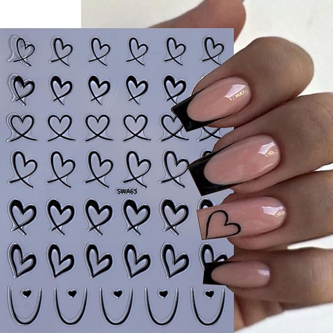 8 Sheets Valentines Nail Art Stickers 3D Self-Adhesive Heart Nail Decals Romantic Black Pink Heart Nail Stickers Design Holiday DIY Manicure Decorations for Women