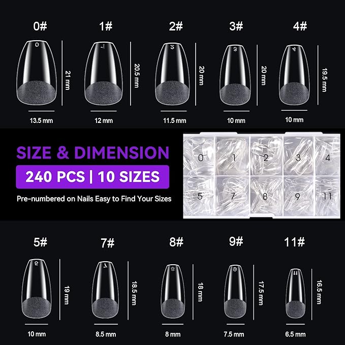Gelike ec Short Coffin Nail Tips: 240PCS Soft Gel Tips for Nail Extensions Coffin Shaped Full Cover Nail Tips Pre Etched - PMMA Resin Clear False Nails Press on Nails 10 Sizes, SHORT COFFIN