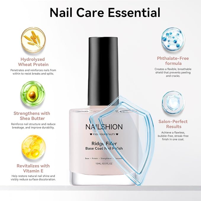 Ridge Filler Base Coat 3-in-1 Nail Strengthener Growth, Milky Fortifying Ridge Filler for Damaged Uneven Nails, VE Protein Formula Flawless Base, Vegan, Salon-Quality Nail Art at Home