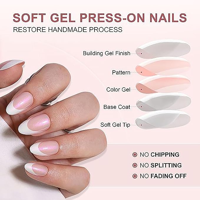 RTKHFZE French Tip Press On Nails Almond-Gel Press on Nails Short,Soft Gel Fake Nails,Supremely Fit & Natural Reusable Stick On Nails in 16 Sizes - 32 False Nails Kit with Glue