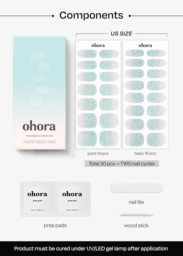 ohora Semi Cured Gel Nail Strips (N Bubble Bomb) - Works with Any Lamps, Salon-Quality, Long Lasting, Easy to Apply & Remove - Includes 2 Prep Pads, Nail File & Wooden Stick