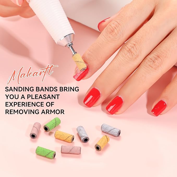 Makartt Nail Drill Bits Sanding Bands - for Nail Drill 100 PCS 4 Color Coarse Fine 80/120/180/240 Grit File Sand with 3.1mm Mini Mandrel Nail Bit Set for Acrylic Nails Gel Manicures and Pedicure