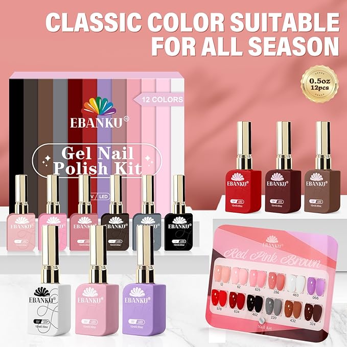 EBANKU 12 Pcs Christmas Gel Nail Polish Set, 15ML Same Color Same Bottle Red Pink Nude Brown Fall Soak Off Gel Nail Polish Kit Nail Art Manicure Gifts for Women