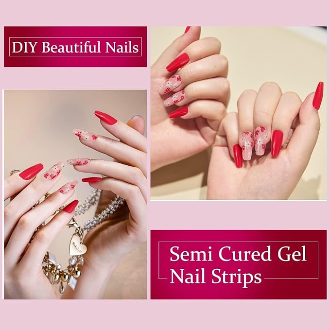Semi Cured Gel Nail Strips (Red), 28 pcs Gel Nail Stickers, Work with Any UV Lights, Long-Lasting NailWraps for Women DIY Gift, Salon-Quality, Easy to Apply & Remove