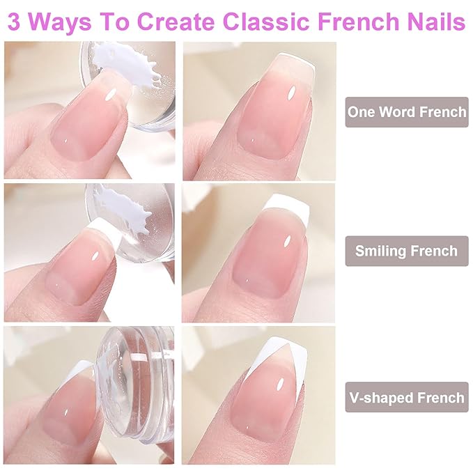 BlueZOO French Tip Nail Stamp 6Pcs Nail Stamper Replaceable Silicone Jelly Heads Kit, French Manicure Nail Stamping Polish Transfer Templates Tool Home Salon Nail Art DIY Design, Easy to Use
