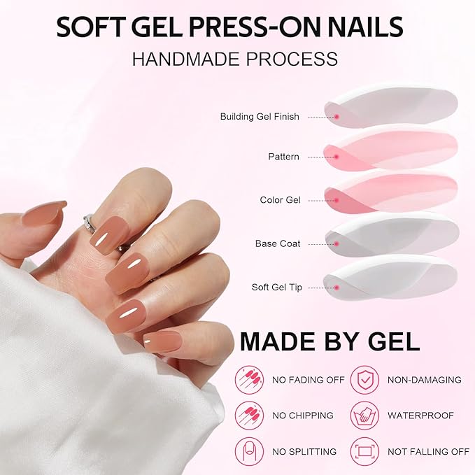 Press on Nails - Findigit Press on Nail Short, Supremely Fit Natural Stick On Nails,Soft Gel Fake Nails in 16 Sizes - 32 PCS Glue On Nail Kit, Caramel