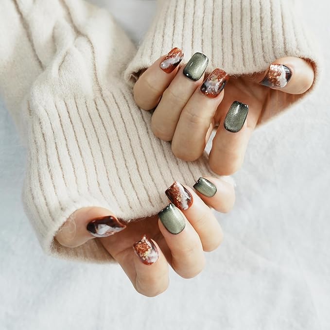 Dark Green Cat Eye Short Press On Nails Coffin, Watercolor Marble Ombre with Amber Glitter, Handmade 3D Fake Nails for Spring Summer, Party & Vacation (Medieval Fantasy,M)