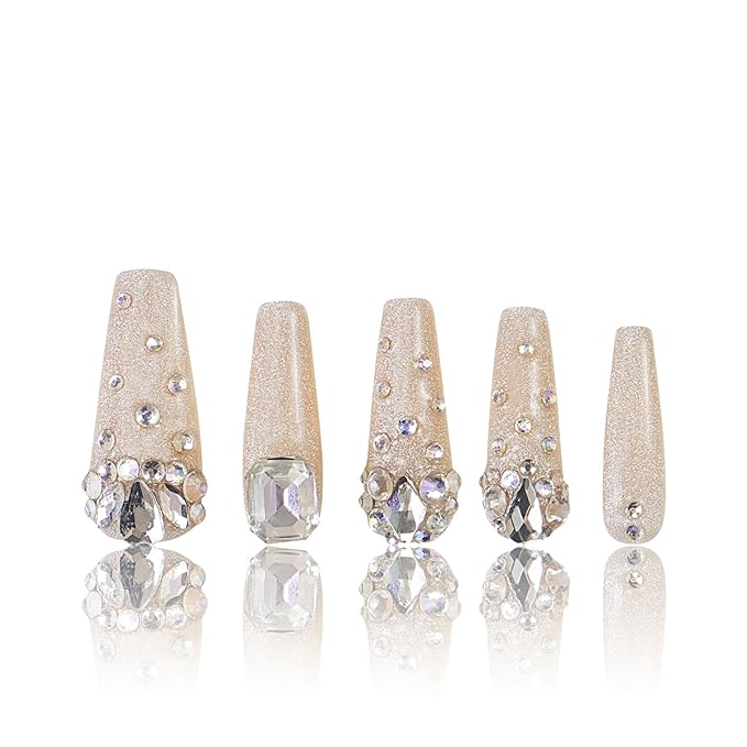 LOVFUL Press on Nails Shine Bright Like a Diamond | Handmade with Full Covered Crystals | Reusable Full Cover Nails | Coffin Classic Regular 1.3 in | H06-L