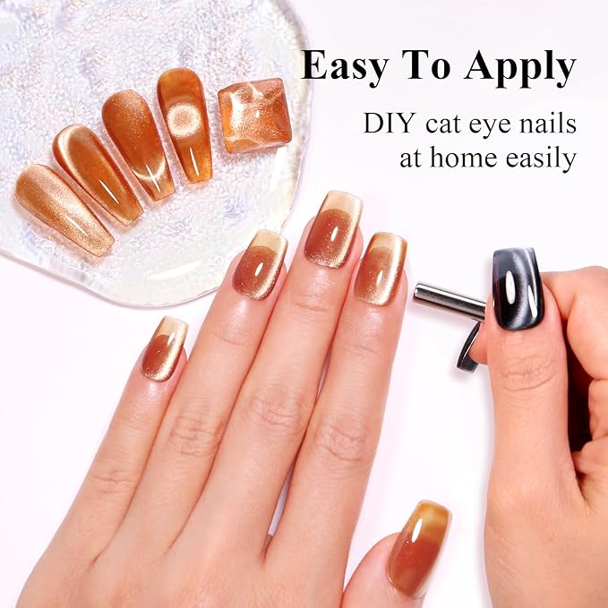 Imtiti Cat Eye Gel Nail Polish, 15ml Nude Brown Crystal Glitter Cat Eye Gel Polish With Magnet Magnetic Holographic Galaxy Sparkly Soak Off UV Led Manicure