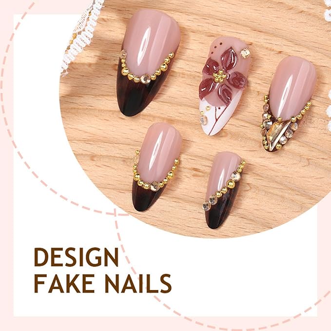Almond Press on Nails Long Fake Nails SEENEEY Brown Artificial Nail Black French Tip and 3D Flowers Designs Rhinestones Tortoise Shell Stick on Nail for Women 24pcs