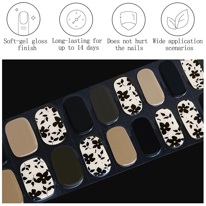20Pcs Black Semi Cured Gel Nail Strips Summer Gel Nail Stickers UV/LED Light Needed Full Polish Flower Nails Wraps with Design Glossy Self Adhesive Nails Polish Strips for Women