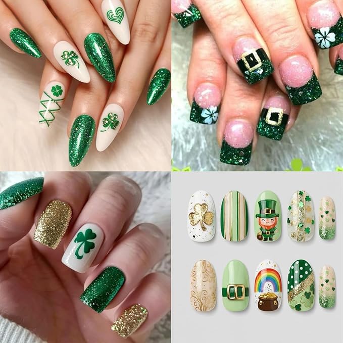 6 Sheets St Patrick’s Day Nail Art Stickers 3D Self- Adhesive Shamrock Nail Stickers Green Clover Hat Letter Golden Coin Irish Design St Patricks Day Nail Decals Nail Art Supplies for Acrylic Manicure