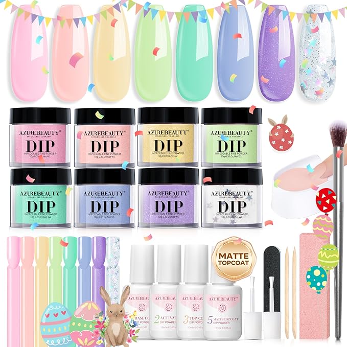 AZUREBEAUTY 30Pcs Dip Powder Nail Kit Starter, Pink Pastel Blue Green Glitter 8 Colors Summer Macarons Dipping Powder Liquid Set with Base/ Matte Top Coat/ Activator/Nail Sticks Easter Gift