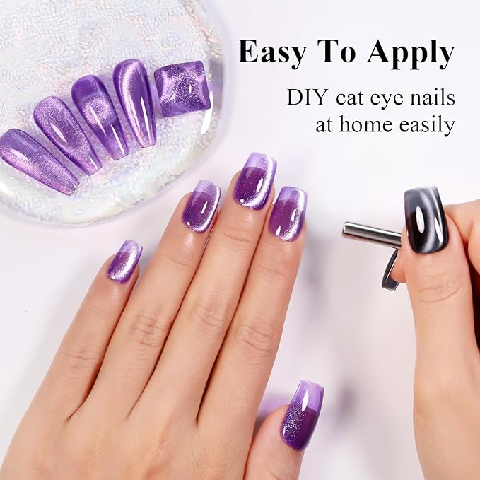 Imtiti Cat Eye Gel Nail Polish, 15ml Lavender Purple Crystal Glitter Cat Eye Gel Polish With Magnet Magnetic Holographic Galaxy Sparkly Soak Off UV Led Manicure