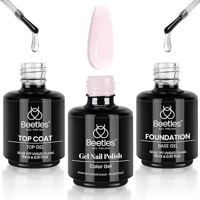 beetles Gel Polish 3 Pcs 15ml No Wipe Gel Top and Base Coat Bubble Bath Gel Polish Soak Off Uv Lamp-Long Lasting Glossy Top Base Gel Milky Pink Gel Nail Polish Jelly Gel Polish Set for Women