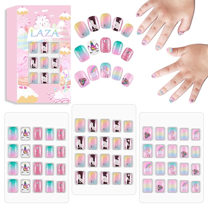 Laza 60pcs Children Nails Press On Pre-glue Full Cover Glitter Diamond Star Rainbow Clouds Short False Nail Kits for Kids Teenager Girls - Pink Green Unicorn