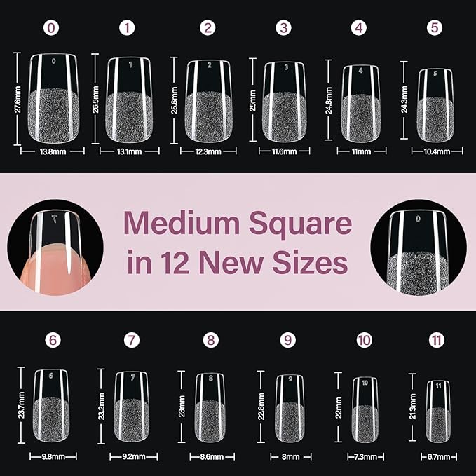 Misssix Medium Square Gel x Nail Tips Kit, 216Pcs Pre Etched Clear Fake Nails, Full Cover False Nail 9-in-1 Gel Glue and Portable Mini U V Nail Lamp for Women 12 Sizes
