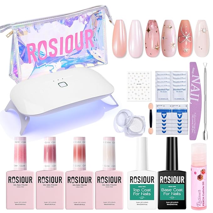TPO and HEMA Free Gel Nail Polish Kit with U V Light - Gliter Milky White Nude Pink at Home Gel Manicure Kit with Base & Top Coat Chrome Nail Powder - 4 Colors Nail Art Starter Gift for Women Girl